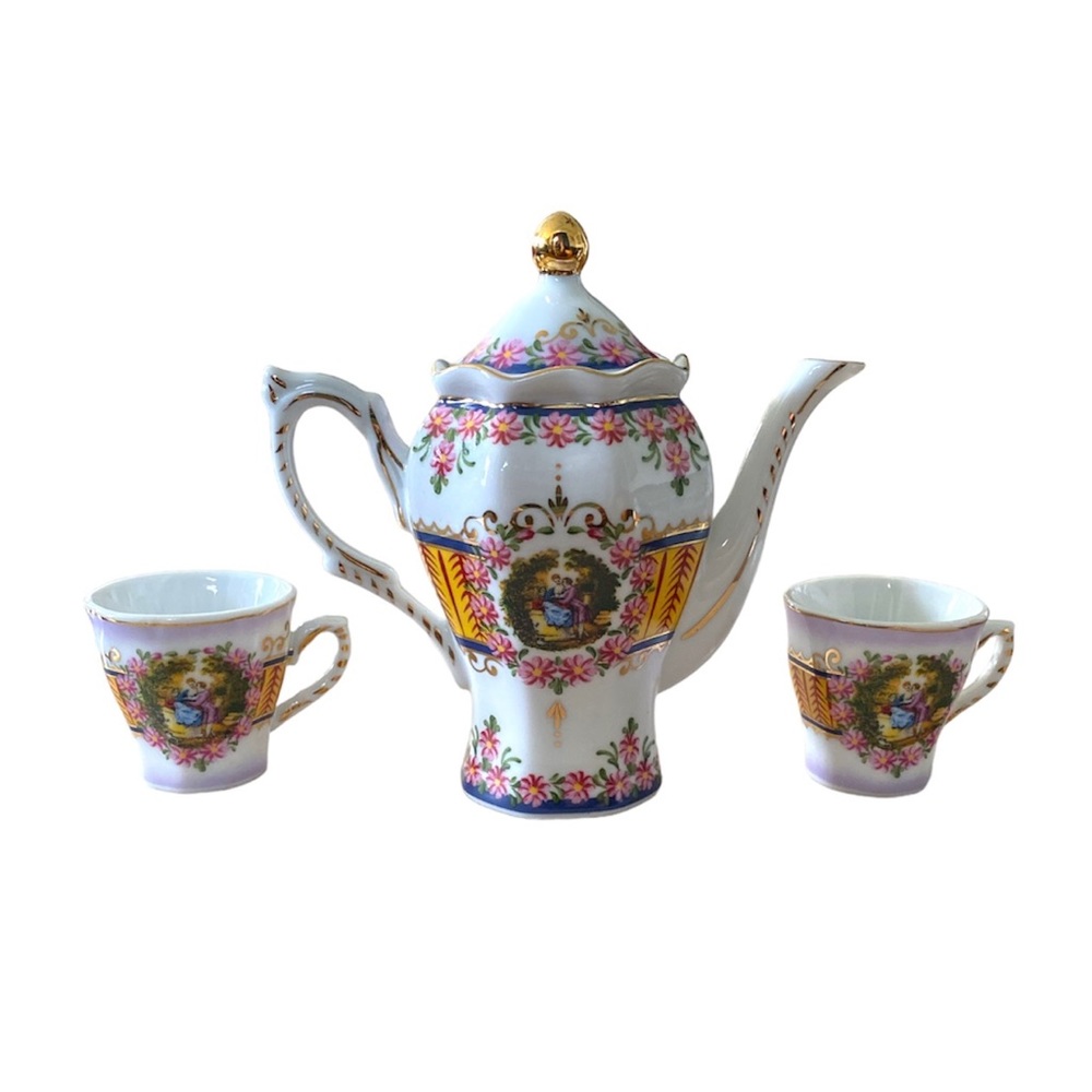 Vintage Courting Couple Lovers Scene Miniature Tea Set with Gold Tone Trimming